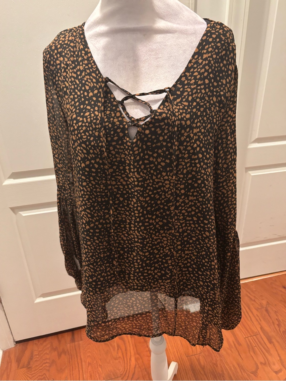 Animal Print Lace-Up Lined V-Neck Blouse with Puffy Sleeves